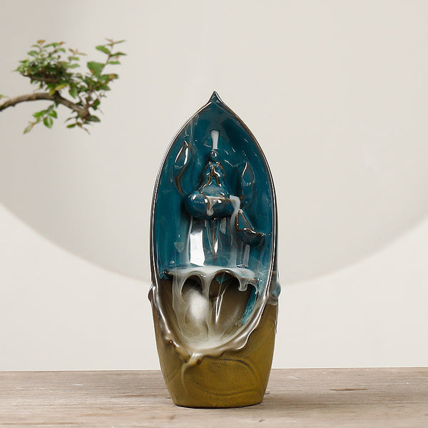 Dehua ceramic backflow incense burner, simple lotus leaf faceless ornamental smoke backflow aromatherapy burner ceramic ornament - Toy Collection