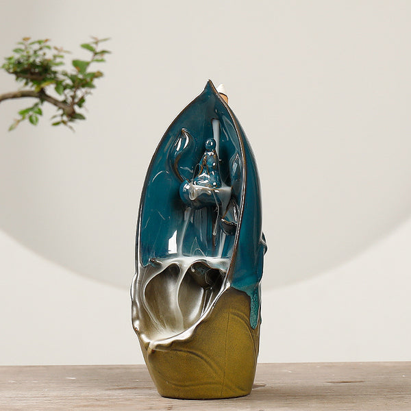 Dehua ceramic backflow incense burner, simple lotus leaf faceless ornamental smoke backflow aromatherapy burner ceramic ornament - Toy Collection