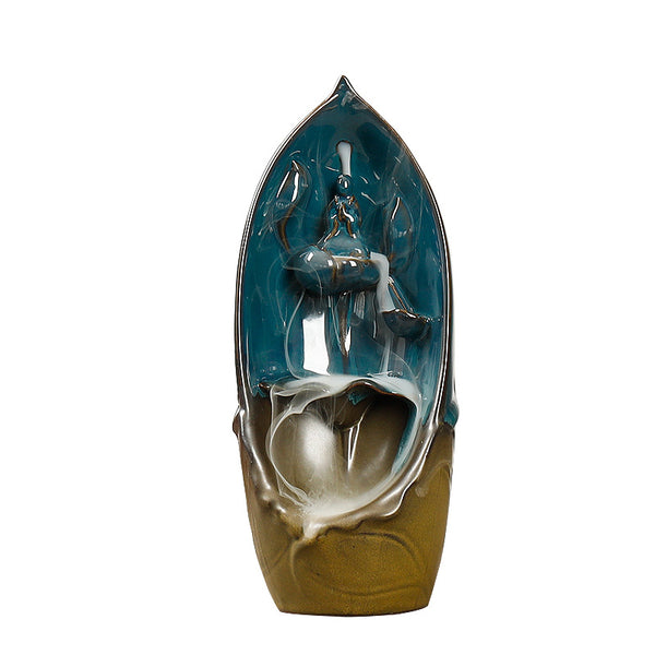 Dehua ceramic backflow incense burner, simple lotus leaf faceless ornamental smoke backflow aromatherapy burner ceramic ornament - Toy Collection