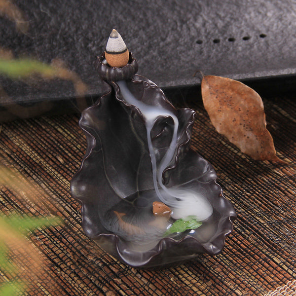 Ceramic backflow incense burner, incense burner, creative, lotus leaf fish leaping gantry, special original tower incense burner - Toy Collection