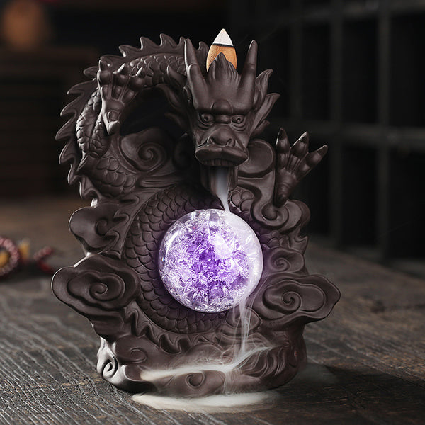 Purple sand backflow aromatherapy burner home jewelry ornament, creative Chinese dragon LED light backflow incense burner original - Toy Collection