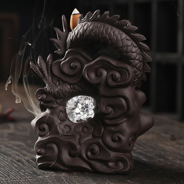 Purple sand backflow aromatherapy burner home jewelry ornament, creative Chinese dragon LED light backflow incense burner original - Toy Collection