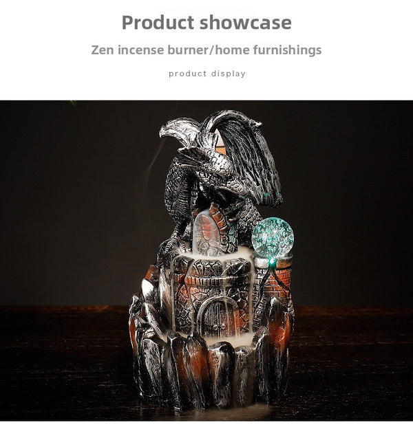 Resin backflow incense burner European style pterosaur LED light backflow smoke aromatherapy burner process ornament - Toy Collection