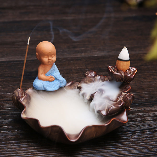 Ceramic backflow incense burner, small monk aromatherapy burner line incense burner, black antique incense burner backflow original - Toy Collection