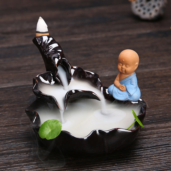 Ceramic backflow incense burner, small monk aromatherapy burner line incense burner, black antique incense burner backflow original - Toy Collection