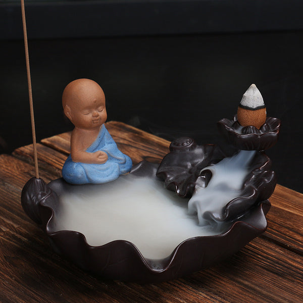 Ceramic backflow incense burner, small monk aromatherapy burner line incense burner, black antique incense burner backflow original - Toy Collection
