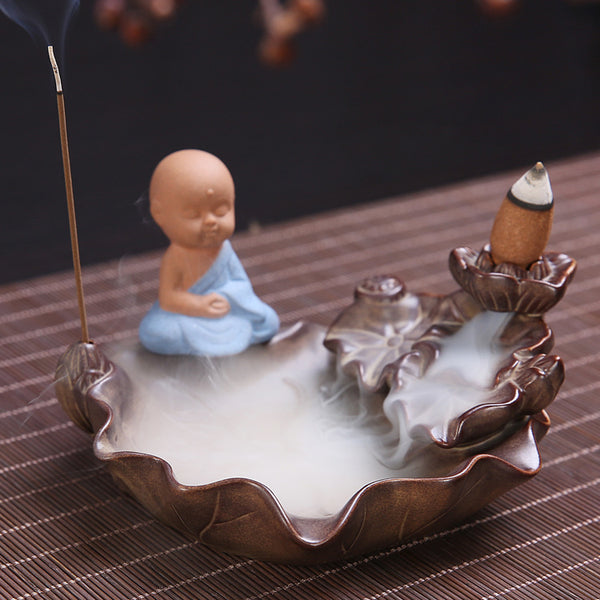 Ceramic backflow incense burner, small monk aromatherapy burner line incense burner, black antique incense burner backflow original - Toy Collection