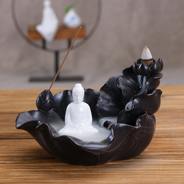 Ceramic backflow sandalwood burner tower, creative large lotus leaf Tathagata ornament, smoke backflow incense burner incense insert - Toy Collection