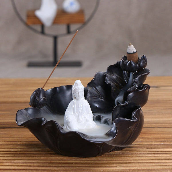 Ceramic backflow sandalwood burner tower, creative large lotus leaf Tathagata ornament, smoke backflow incense burner incense insert - Toy Collection