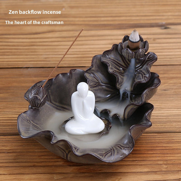 Ceramic backflow sandalwood burner tower, creative large lotus leaf Tathagata ornament, smoke backflow incense burner incense insert - Toy Collection