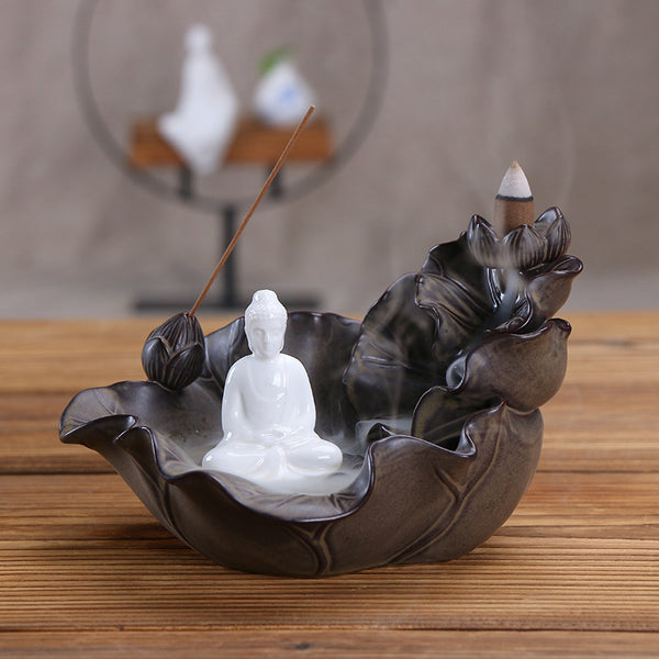 Ceramic backflow sandalwood burner tower, creative large lotus leaf Tathagata ornament, smoke backflow incense burner incense insert - Toy Collection