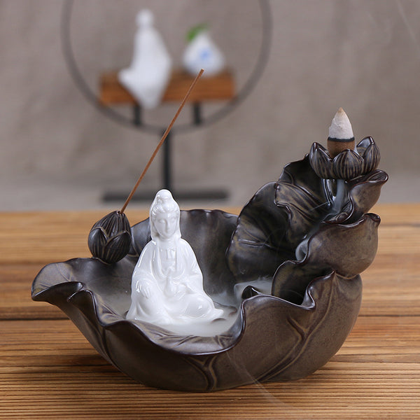 Ceramic backflow sandalwood burner tower, creative large lotus leaf Tathagata ornament, smoke backflow incense burner incense insert - Toy Collection