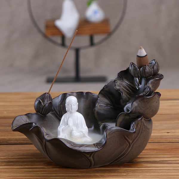 Ceramic backflow sandalwood burner tower, creative large lotus leaf Tathagata ornament, smoke backflow incense burner incense insert - Toy Collection