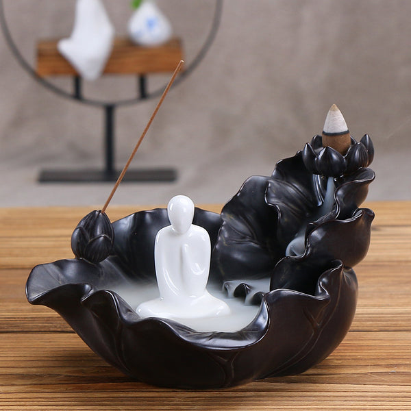 Ceramic backflow sandalwood burner tower, creative large lotus leaf Tathagata ornament, smoke backflow incense burner incense insert - Toy Collection