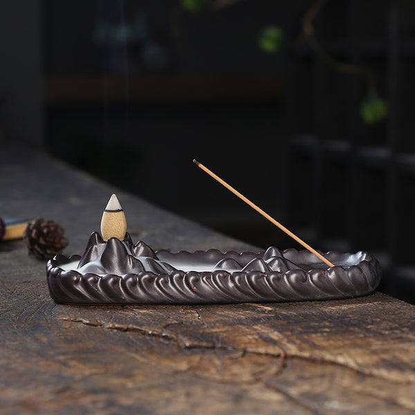 Ceramic backflow aromatherapy burner, creative alpine and waterfall backflow incense burner three-purpose incense burner home ornament - Toy Collection