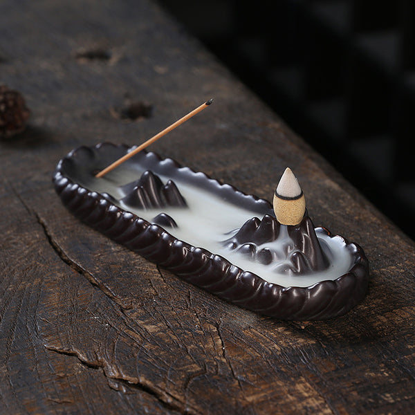 Ceramic backflow aromatherapy burner, creative alpine and waterfall backflow incense burner three-purpose incense burner home ornament - Toy Collection