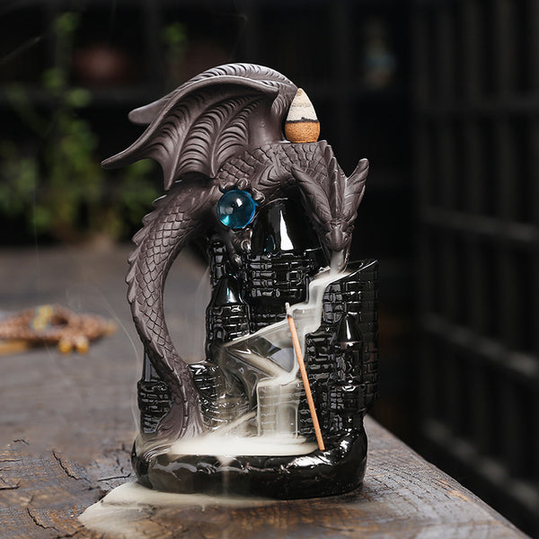 Purple sand pterosaur backflow incense burner, creative ceramic castle pterosaur backflow smoke aromatherapy burner ornament crafts - Toy Collection
