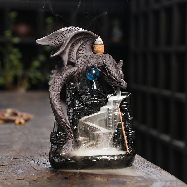 Purple sand pterosaur backflow incense burner, creative ceramic castle pterosaur backflow smoke aromatherapy burner ornament crafts - Toy Collection