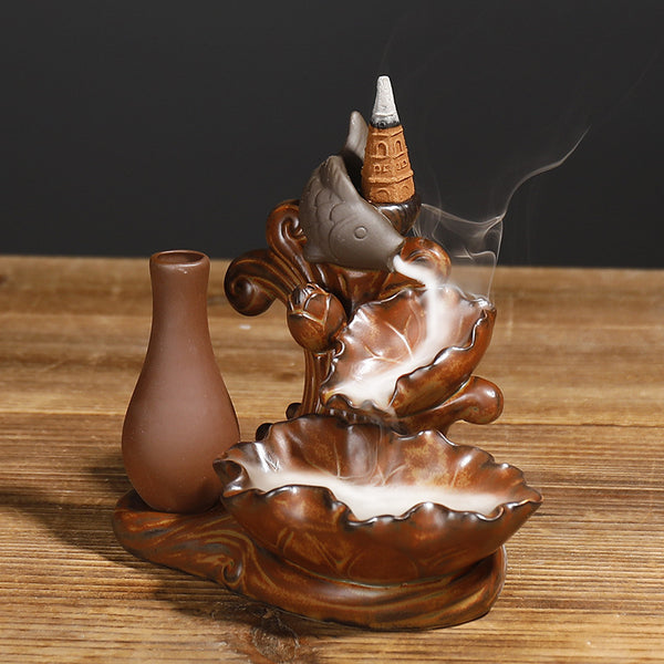 New ceramic backflow sandalwood burner, antique fish leaping lotus rose ornamental smoke backflow aromatherapy burner home ornament - Toy Collection