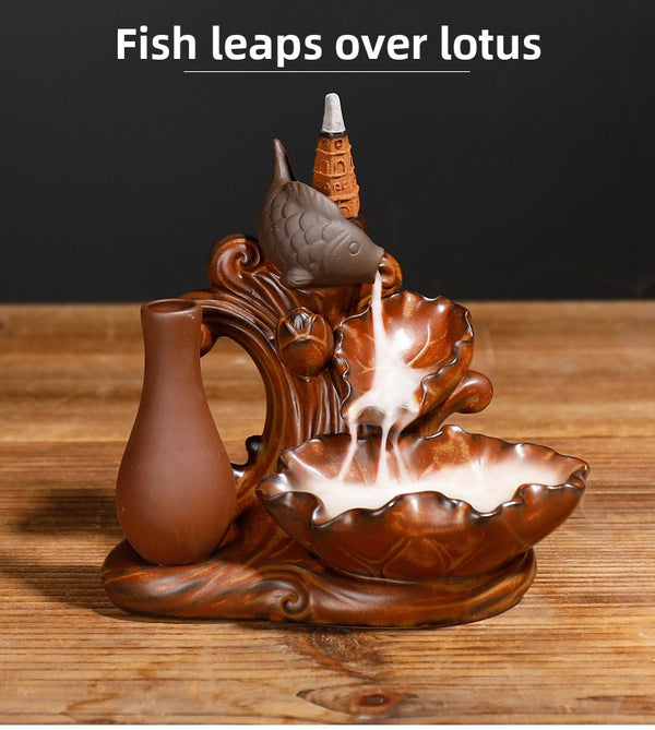 New ceramic backflow sandalwood burner, antique fish leaping lotus rose ornamental smoke backflow aromatherapy burner home ornament - Toy Collection