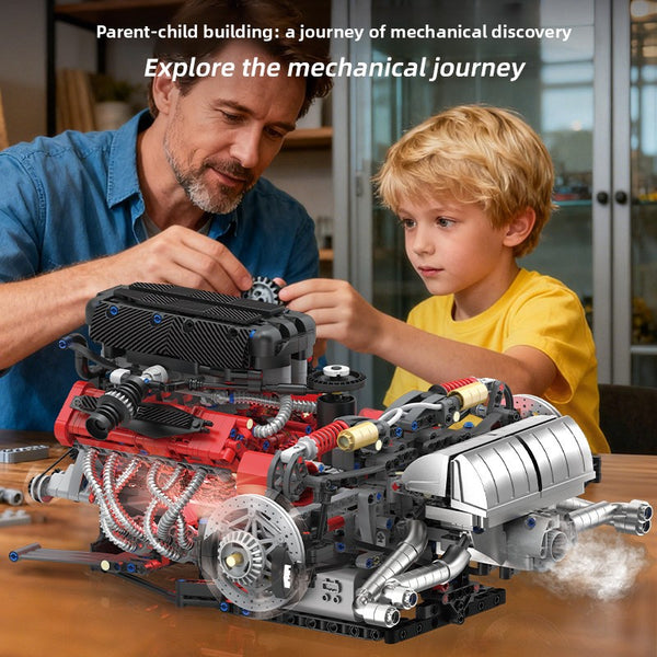 Supercar Ferrari, Enzo V12 engine, car engine building block model, light spray, toys