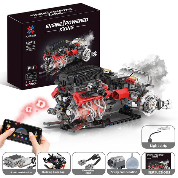 Supercar Ferrari, Enzo V12 engine, car engine building block model, light spray, toys